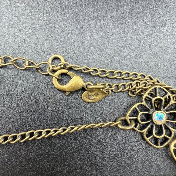 Premier Designs Long Strand Flower Necklace With Crystal Accents Brass And Gold - Picture 8 of 9